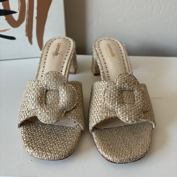 Larroude Flora Woven Raffia Gold Beige Slip On Block Heel Mule Sandals Size 7.5 - Picture 3 of 10